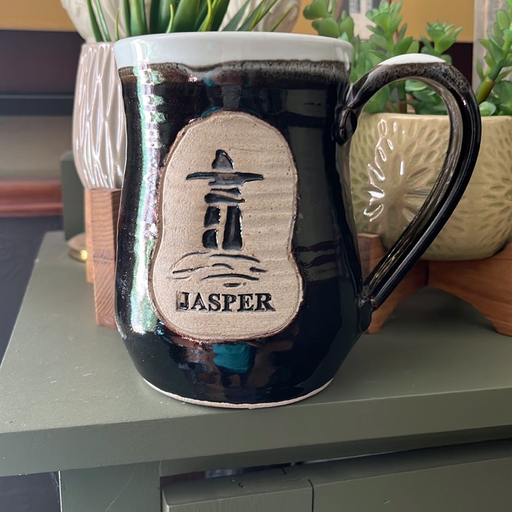 Pottery Mug, “Jasper” Collector’s Item, brown w/ cream detailing, like new